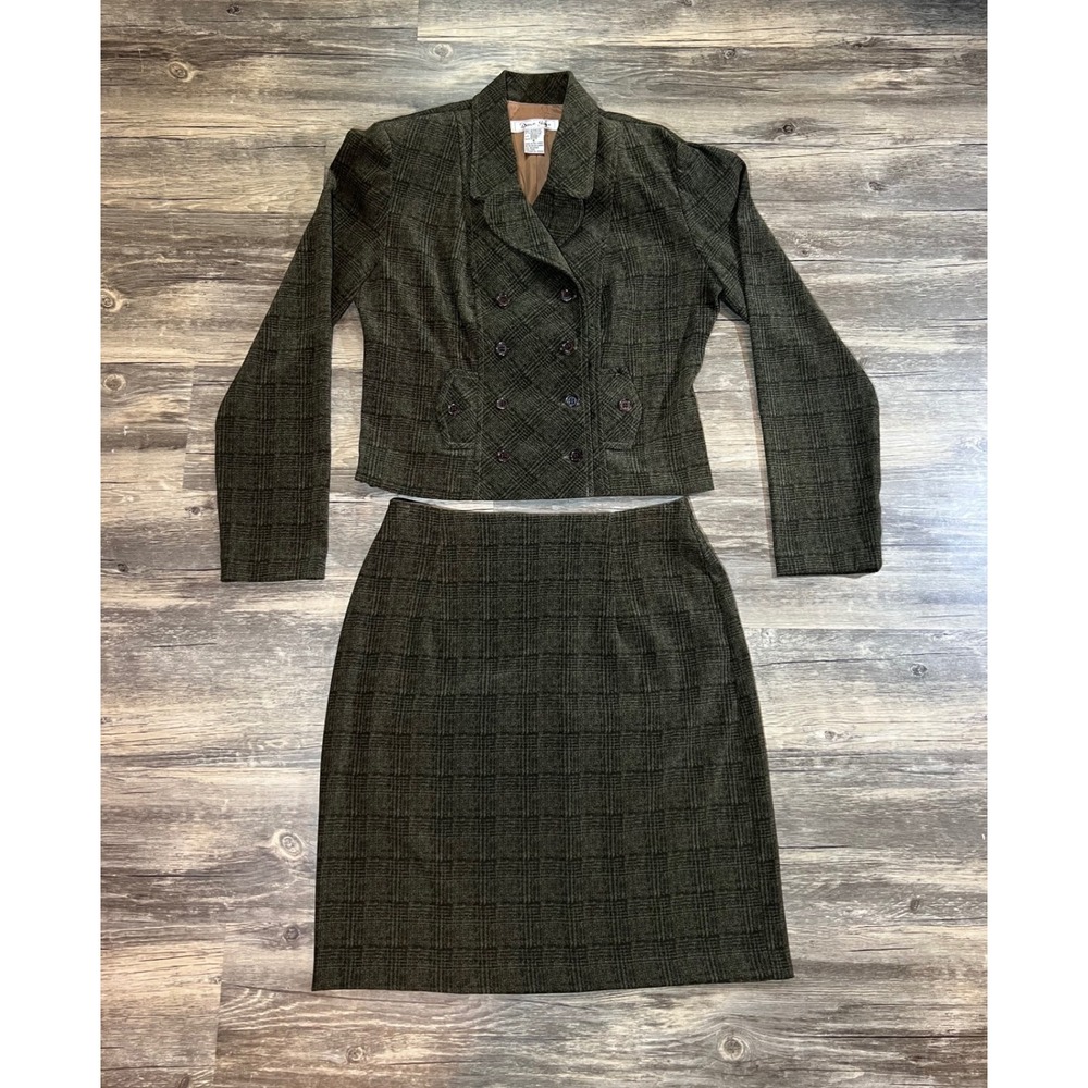 Vintage‎ Y2K Olive Plaid Women's Skirt Suit Cropped Blazer Pencil Skirt Size 6